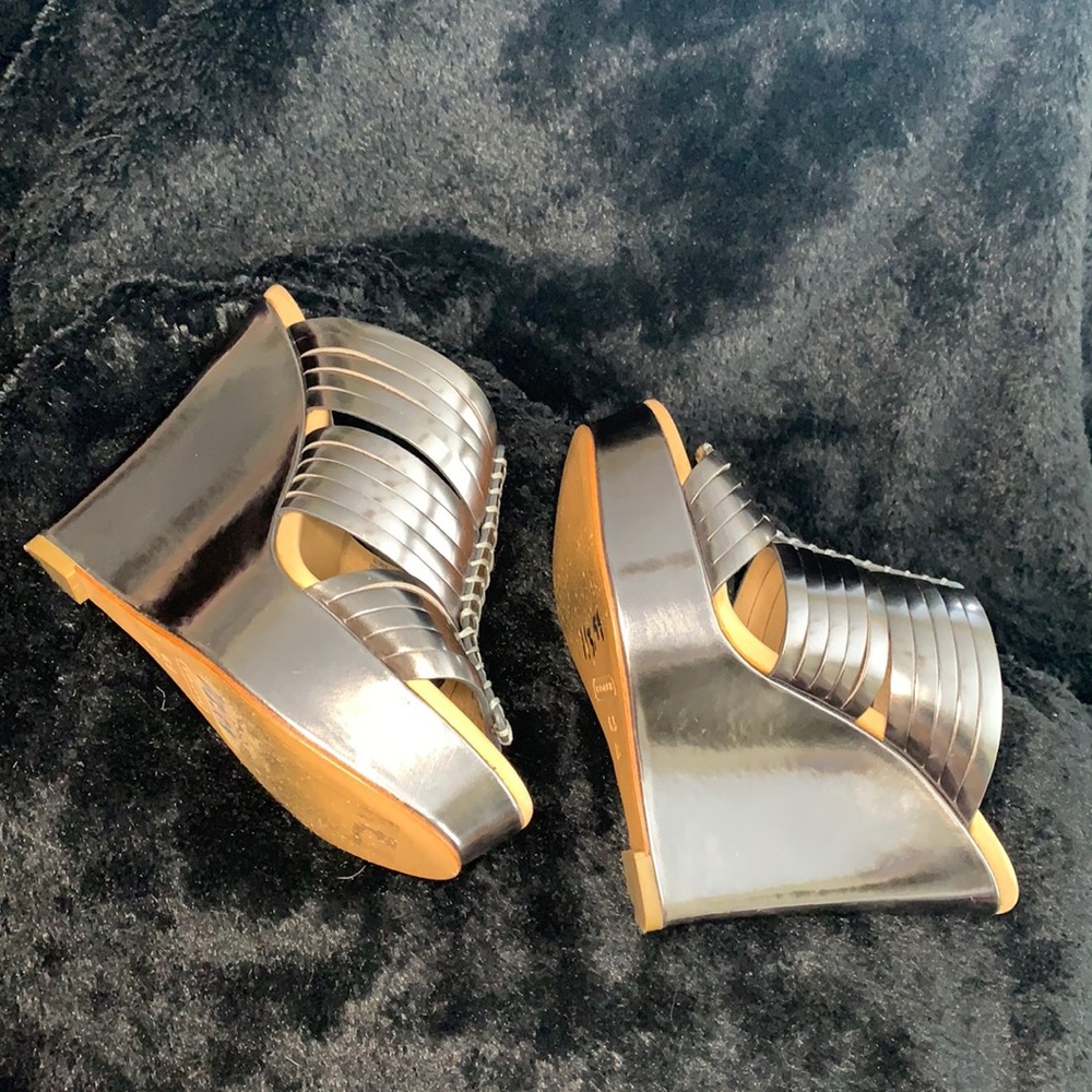 COACH Metallic Silver & Leather Wedge Shoes